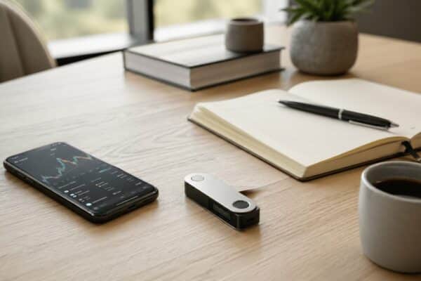 Smartphone affichant une appli crypto avec hardware wallet Ledger, carnet de notes et tasse de café