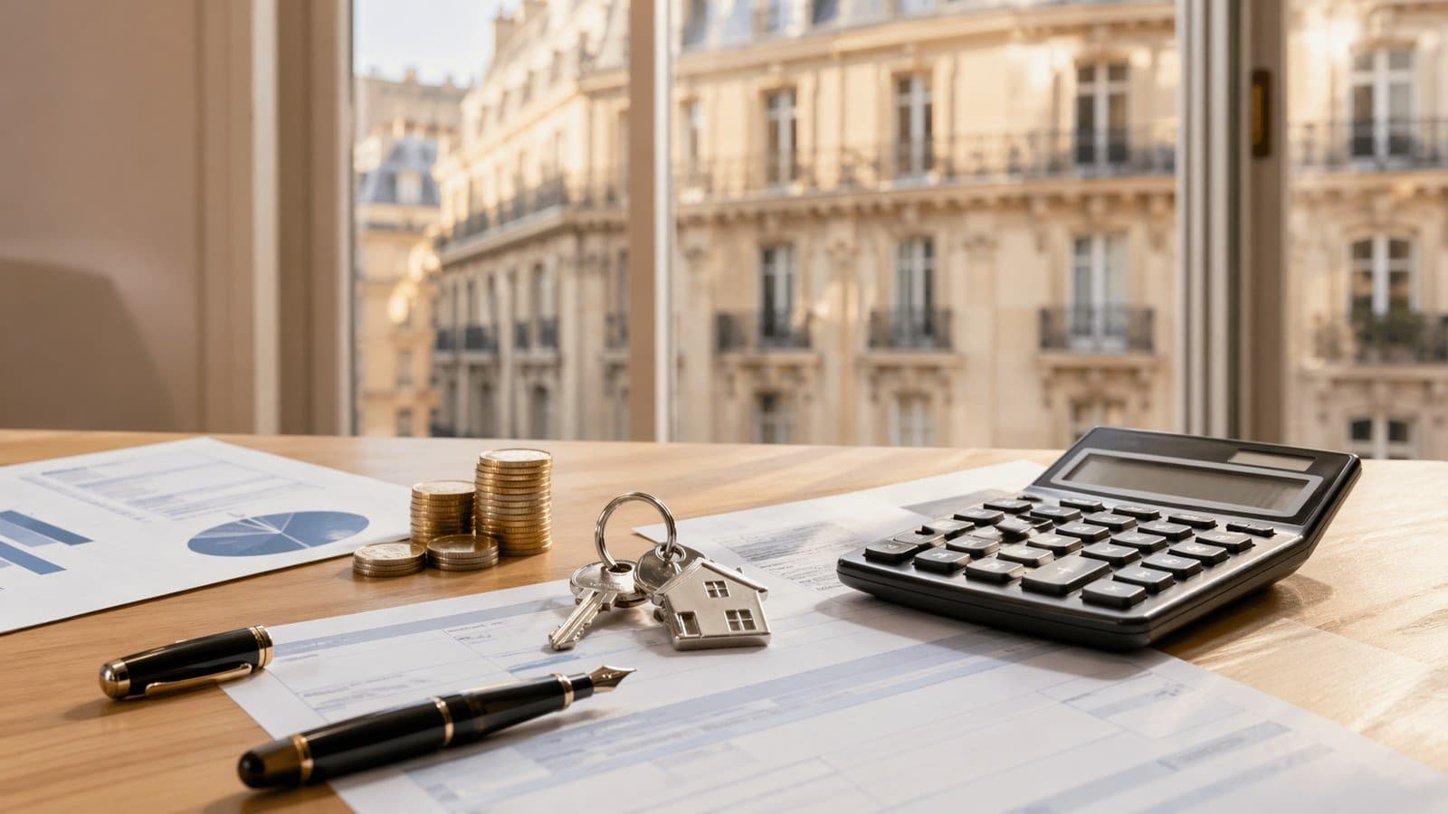Bureau parisien avec calculatrice, formulaire IFI 2026, clés de logement et pièces de monnaie
