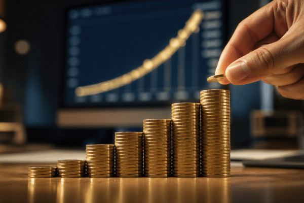 Pile de pieces d'or croissante illustrant l'effet boule de neige des interets composes