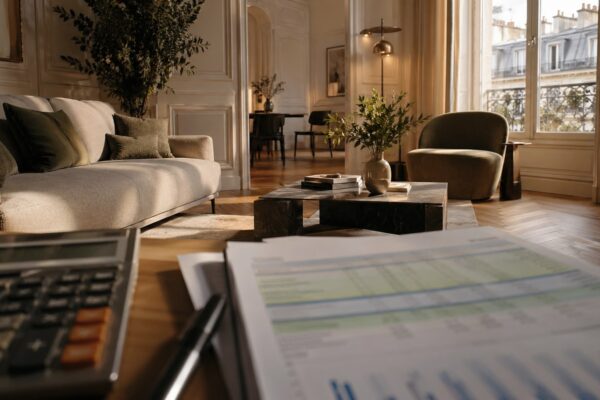 Appartement parisien meublé en mode location LMNP avec calculatrice et dossier fiscal au premier plan