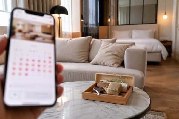Smartphone affichant un calendrier de réservations Airbnb dans un appartement de location courte durée