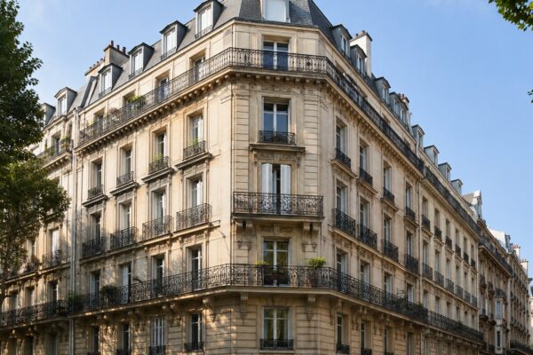 Immeuble de rapport haussmannien d'angle, façade en pierre de taille avec balcons en fer forgé