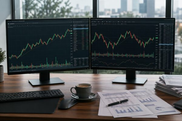 Bureau d'investisseur avec deux écrans côte à côte affichant des graphiques de bourse PEA et compte-titres
