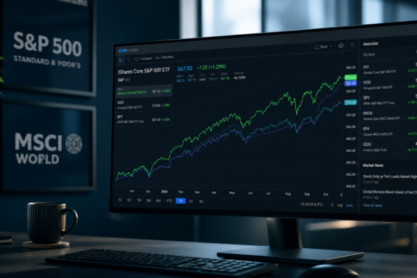 Écran de cotation affichant la performance d'un ETF S&P 500 et MSCI World, illustration des frais de gestion ETF