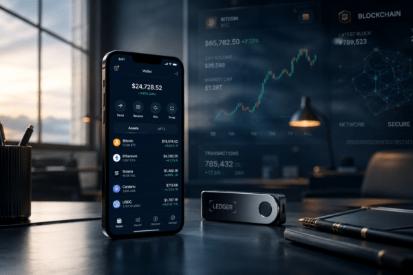 Smartphone affichant un wallet crypto avec hardware wallet Ledger et graphiques de blockchain