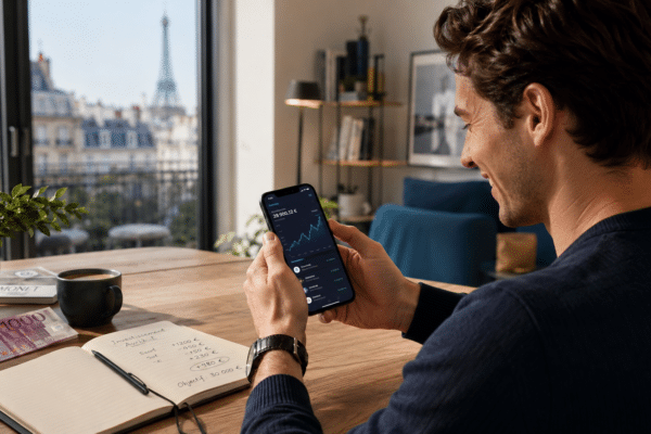 Jeune investisseur consultant son application bourse a Paris pour investir 1000 euros