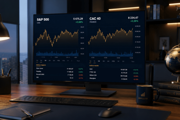 Ecran de bourse avec graphiques S&P 500 et CAC 40 illustrant l'adage Sell in May and go away
