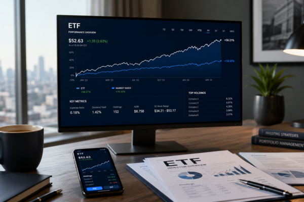 Ecran affichant la performance d'un ETF avec smartphone de trading, tasse de cafe et documents financiers sur bureau moderne