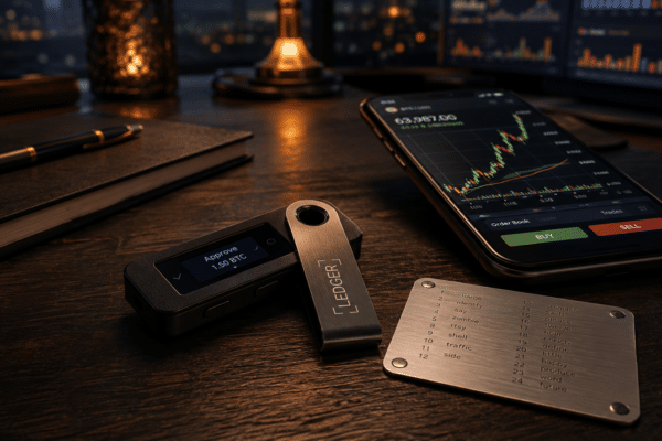 Hardware wallet Ledger, seed phrase gravee sur metal et graphique crypto sur smartphone