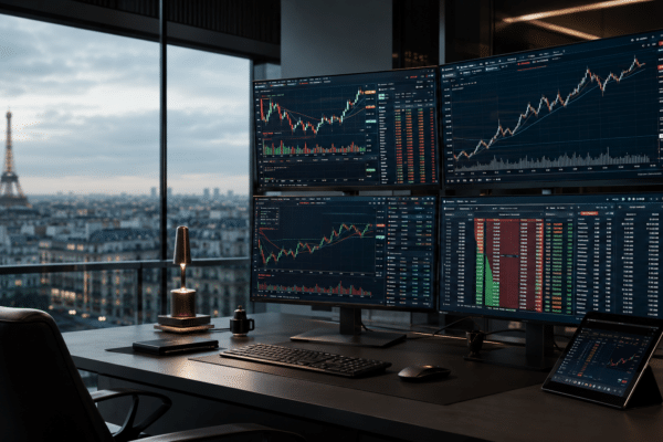 Bureau de trading parisien avec ecrans affichant carnets d'ordres et graphiques boursiers