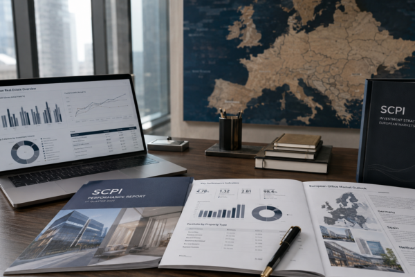 Bureau moderne avec carte Europe, graphiques SCPI europeennes et rapports d'investissement
