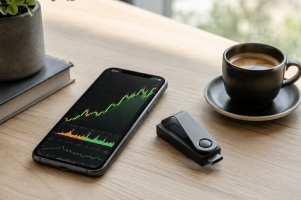 Smartphone affichant un graphique Bitcoin à côté d'un hardware wallet Ledger