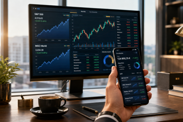 Ecran affichant les courbes S&P 500 et MSCI World avec un smartphone montrant un portefeuille d'ETF