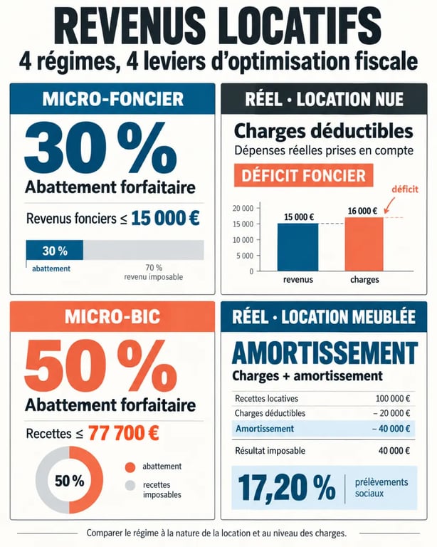 Infographie pour optimiser la fiscalité de ses revenus locatifs immobiliers selon le régime choisi