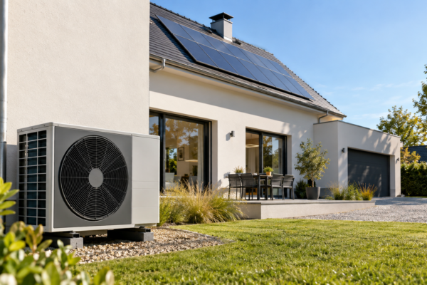 Pompe a chaleur air-eau et panneaux solaires sur une maison individuelle - MaPrimeRenov 2026