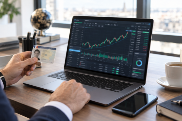 Ouvrir un PEA en 2026 : investisseur devant plateforme boursiere avec carte identite