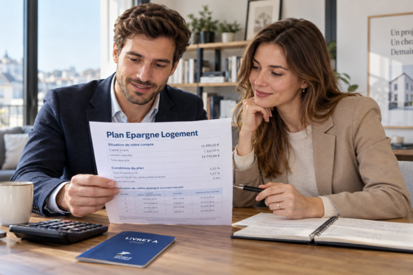 Couple examinant un document de plan épargne logement avec un taux d'intérêt et une simulation d'épargne
