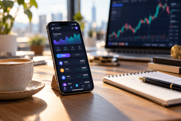 Smartphone affichant une application DeFi avec icones de crypto-monnaies, bureau en bois clair, cafe et carnet, ecran d'ordinateur avec graphique crypto en arriere-plan