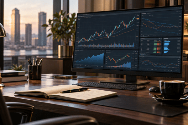 Ecran de trading affichant des graphiques et des indices obligataires sur un bureau de gestion de patrimoine