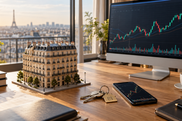 Maquette d'immeuble parisien à côté d'un écran affichant un graphique boursier, allocation entre immobilier et bourse