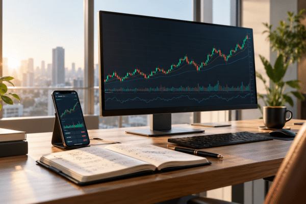 Investisseur consultant graphiques de performance d'actions sur ecran d'ordinateur et smartphone